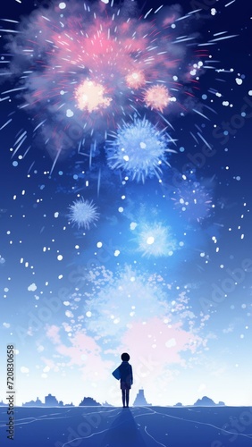 Winter Fireworks Spectacle Anime Scene Generative AI