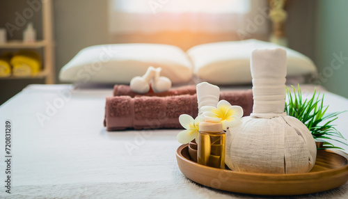 Spa accessory composition set in day spa hotel, beauty wellness center. Spa product are placed in luxury spa resort room, ready for massage therapy from professional service.