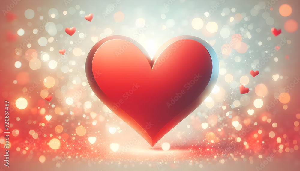 a big flat RED heart in a modern style against an abstract soft peach fuzz background of bokeh lights, blurred spots on a light background with heart shapes a big flat RED heart in a modern style against an abstract soft peach fuzz background of bokeh lights, blurred spots on a light background with heart shapes