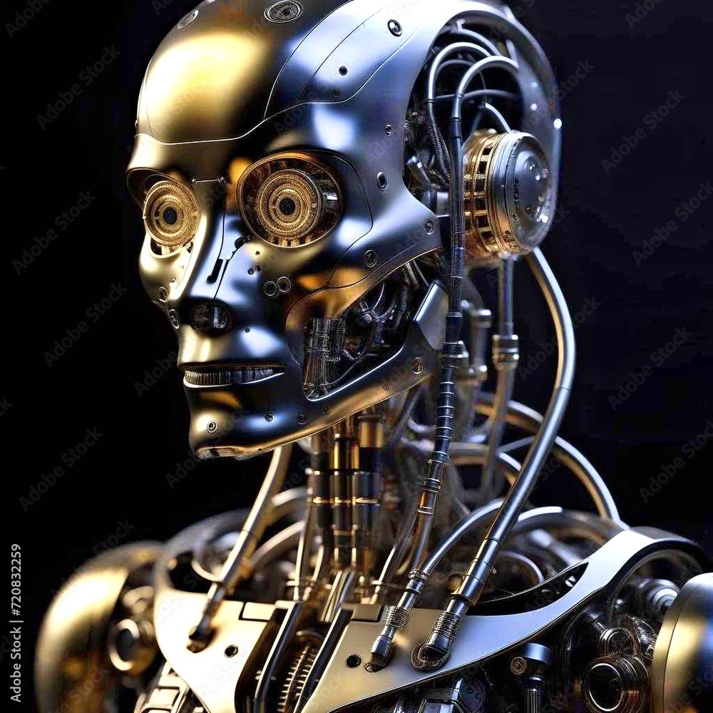 Robot Skull Cyborg Head Machine Science industrial. A realistic silver robot with a skull head design, glowing eyes, intricate details, and metal construction stands against a dark background Robot Skull Cyborg Head Machine Science industrial. A realistic silver robot with a skull head design, glowing eyes, intricate details, and metal construction stands against a dark background