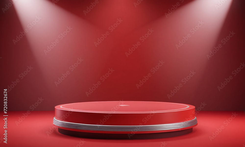 Red pedestal of platform display, Stand podium on red room background Red pedestal of platform display, Stand podium on red room background
