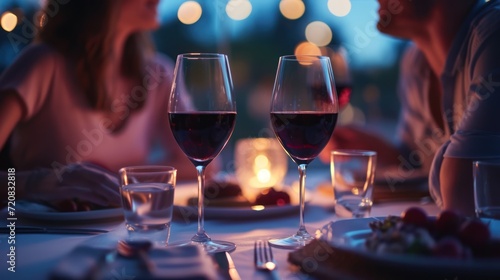 Close-up Beautiful loving couple is spending time together for dinner with glasses of red wine in a luxury restaurant.