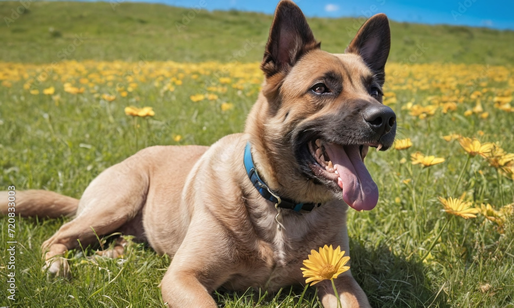 dog sitting on a grassy field colorful flowers under a clear blue sky dog sitting on a grassy field colorful flowers under a clear blue sky