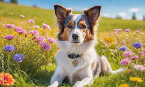 dog sitting on a grassy field colorful flowers under a clear blue sky