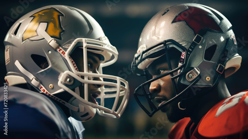 Close - up photo Two American football players in uniforms and helmets looking at each other © didiksaputra