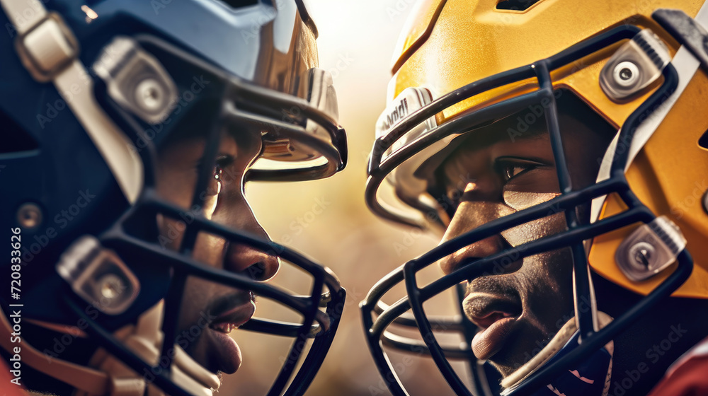 Fototapeta premium Close - up photo Two American football players in uniforms and helmets looking at each other