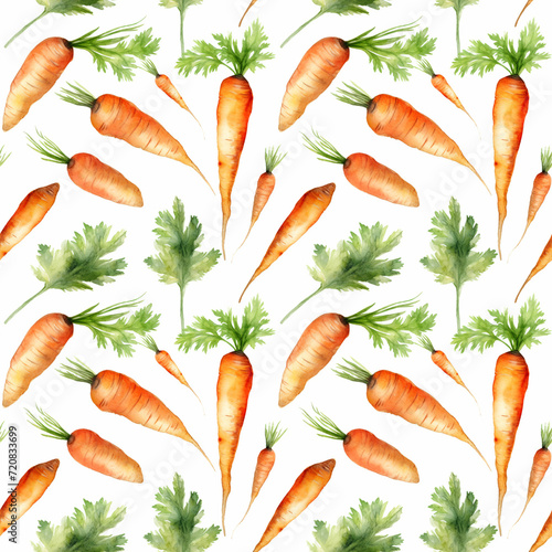 Watercolor Carrot Seamless Pattern, Aquarelle Carrots, Creative Watercolor Carrot Root And Leaves Tile