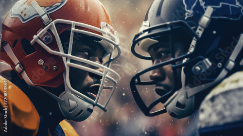 Close - up photo Two American football players in uniforms and helmets looking at each other © didiksaputra
