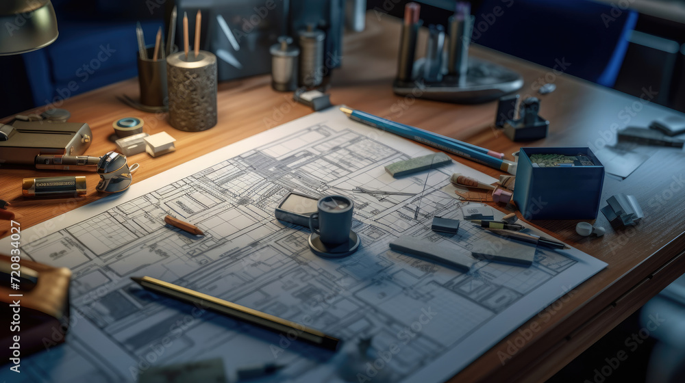 Close-up photo of a residence blueprint on a work desk Close-up photo of a residence blueprint on a work desk