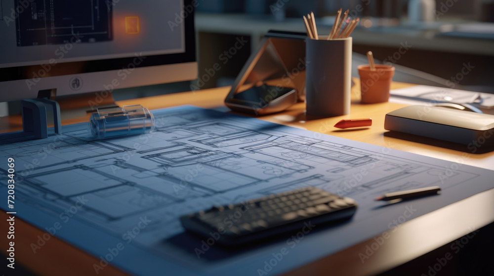 Close-up photo of a residence blueprint on a work desk Close-up photo of a residence blueprint on a work desk