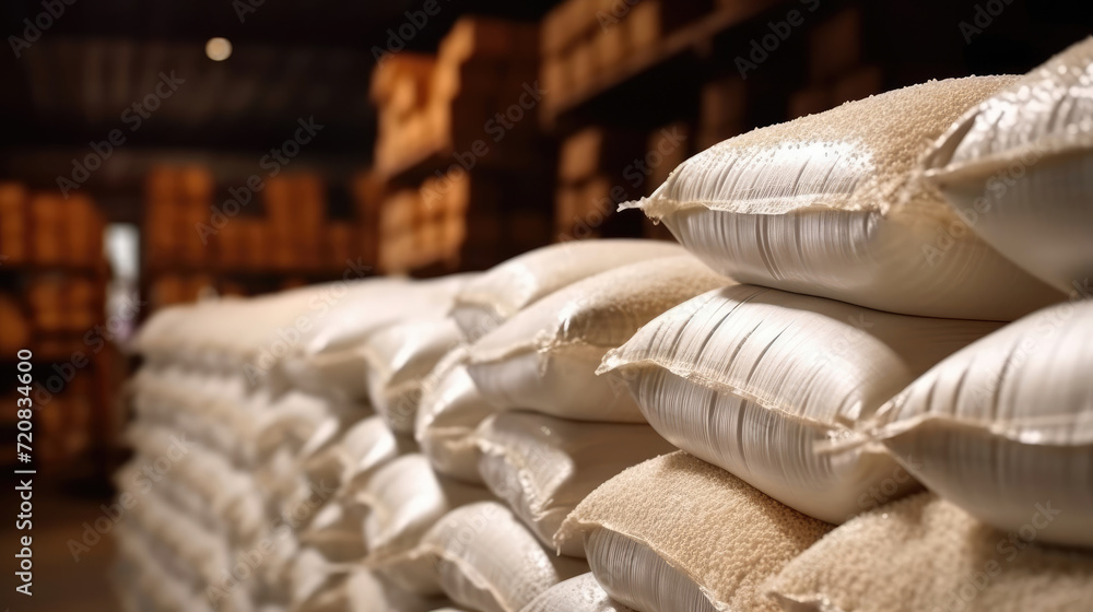 A pile of white bags of bulk rice in the warehouse