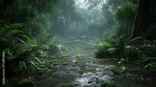 jungle scene during a heavy rain  incorporating realistic raindrop physics