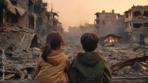 Rear view of children sitting in front of a city destroyed by war © didiksaputra