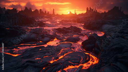 Sunset on molten lava, in Hawaii