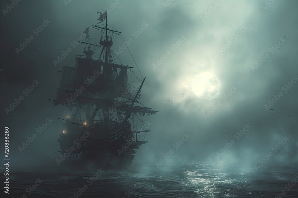 A haunted pirate ship sailing on a mysterious and foggy sea Ghostly ship A haunted pirate ship sailing on a mysterious and foggy sea Ghostly ship