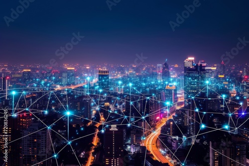 Modern wireless connection technology in smart city. Closeup dots globe with connection lines and dots over high building in business center city at night.