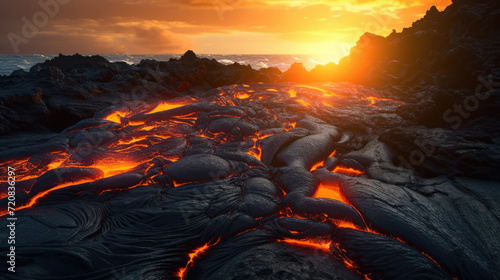 Sunset on molten lava, in Hawaii