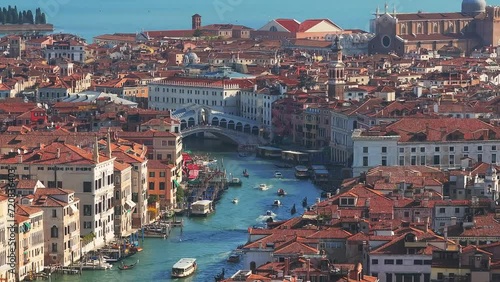Aerial View of Venice near Saint Mark's Square, Rialto bridge and narrow canals. Beautiful Venice from above. photo