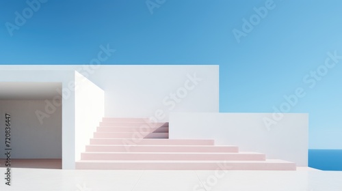 Abstract white interior with stairs and blue sky. 3D Rendering Generative AI
