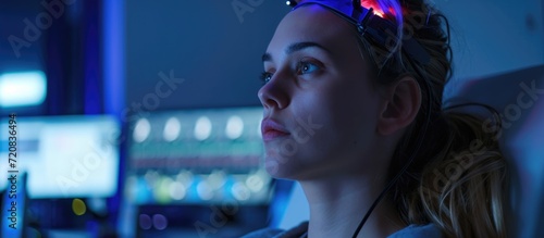 A woman measuring brainwaves in a sleep lab. photo
