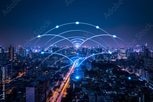 Modern wireless connection technology in smart city. Closeup dots globe with connection lines and dots over high building in business center city at night.
