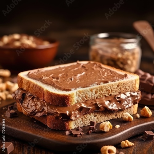 Chocolate Cream Toast , Hazelnut Cream on Toasted Bread, Cocoa Spread Breakfast, Chocolate Sandwich