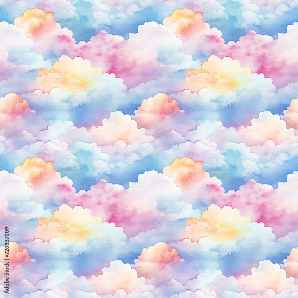 Watercolor Cloud Seamless Pattern, Aquarelle Clouds Tile, Creative Watercolor Blue Sky Background