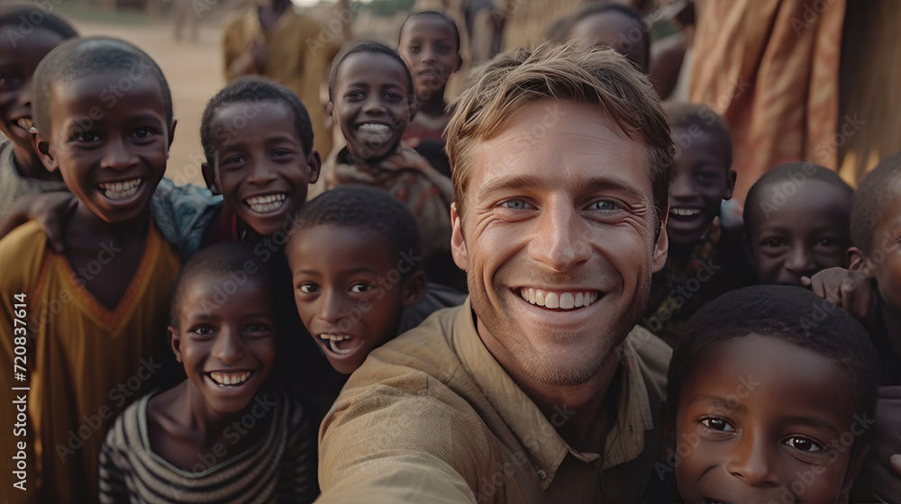 A volunteer man in an African village taking a selfie with children A volunteer man in an African village taking a selfie with children
