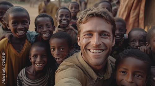 A volunteer man in an African village taking a selfie with children