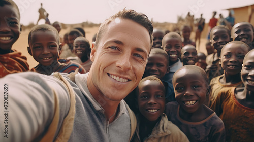 A volunteer man in an African village taking a selfie with children
