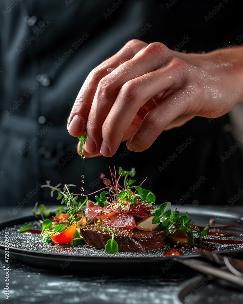 A chef's hand decorates a finished haute cuisine dish. In background restaurant and tunic. Commercial food photography for restaurant.