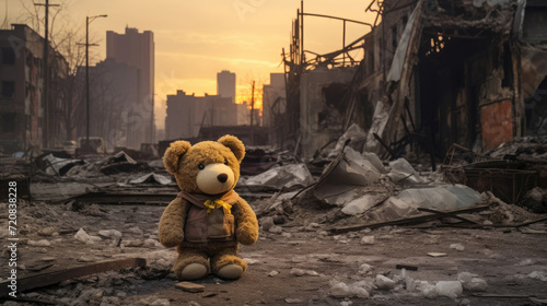 A teddy bear toy over the city burned in the aftermath of war conflict