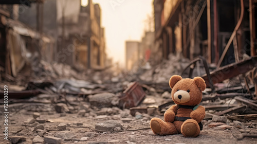 A teddy bear toy over the city burned in the aftermath of war conflict