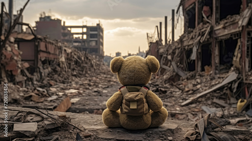 A teddy bear toy over the city burned in the aftermath of war conflict photo