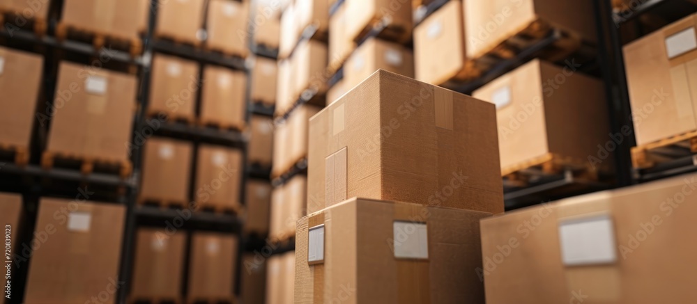 Stacked cardboard boxes in a warehouse used for storage and shipment. Stacked cardboard boxes in a warehouse used for storage and shipment.