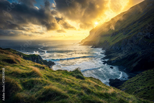 Leinwand Poster Mystic early morning dawn on seashore green cliffs, background, Celtic, Ireland