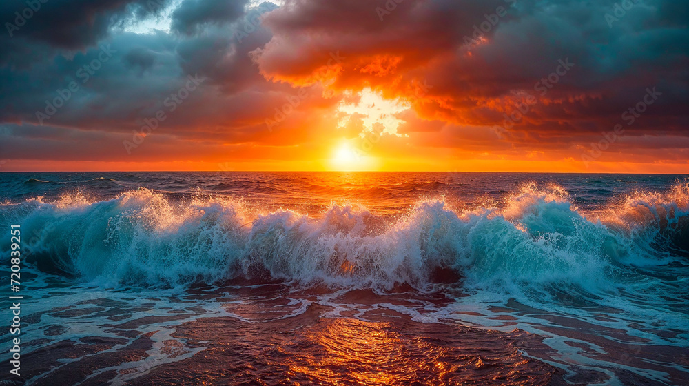 Waves crashing on beach seashore in early morning dawn, seascape, background