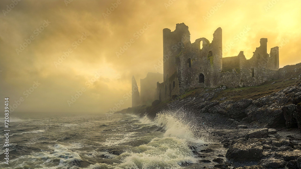 Stone castle ruins on ocean shore with crashing waves, early morning dawn golden light, overcast, foggy, copyspace, Celtic, Ireland