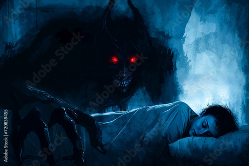 Shadow person with glowing red eyes hovers over a sleeping person, supernatural evil apparition, sleep paralysis