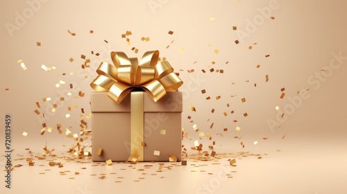 Golden gift box with gold bow and confetti. 3d rendering Generative AI © Alex