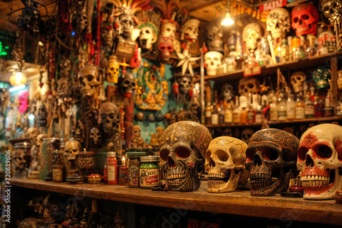 Interior of Voodoo shop, African religion, skulls, potions, magic, gris-gris