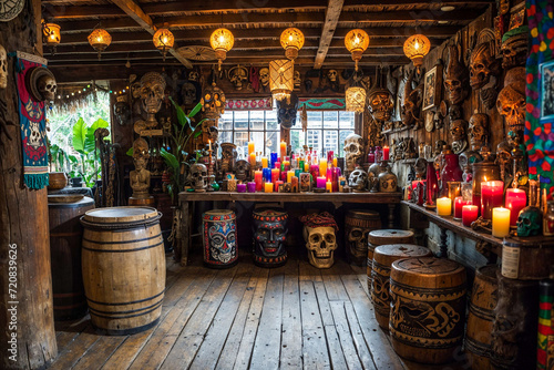 Interior of Voodoo shop, African religion, candles, skulls, magic, gris-gris photo
