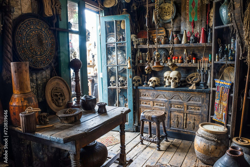 Interior of Voodoo shop, African religion, skulls, artifacts, magic, gris-gris photo