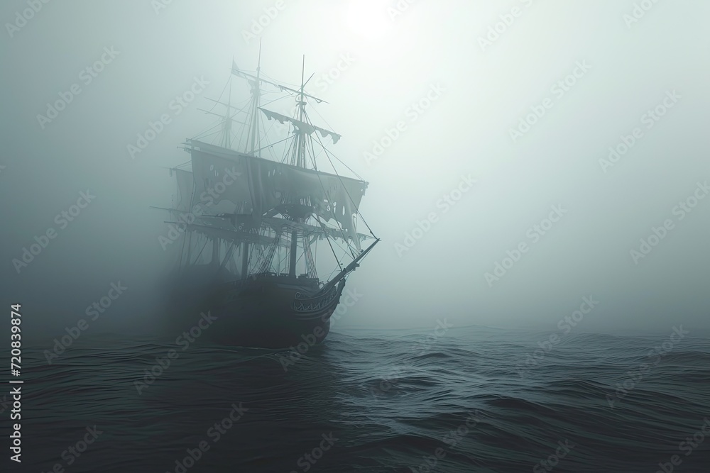 A haunted pirate ship sailing on a mysterious and foggy sea Ghostly ship A haunted pirate ship sailing on a mysterious and foggy sea Ghostly ship
