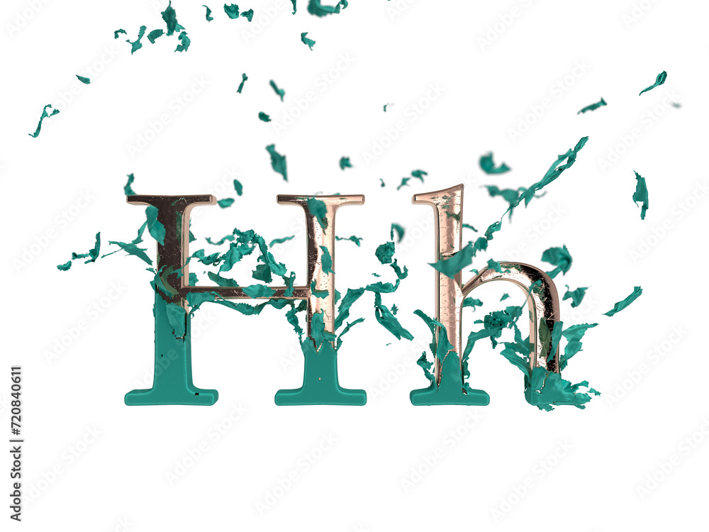 Shiny gold font letter H revealed after the tear of tiffany blue fabric. 3d render. Transparent background. Shiny gold font letter H revealed after the tear of tiffany blue fabric. 3d render. Transparent background.