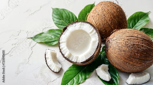Fresh coconut with leaves isolated on white background, coconut on white background with clipping path, organic concept