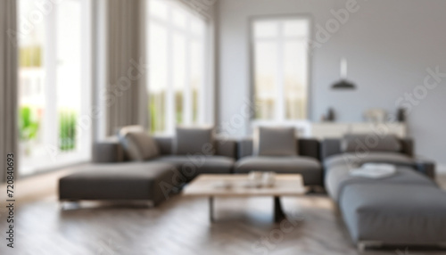 Blurred interior of light living room with grey sofas  coffee table and big window