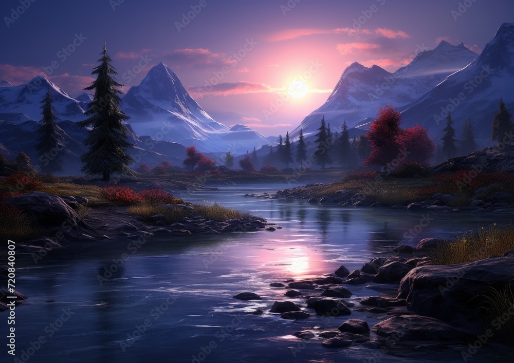 Serene Mountain River Landscape at Sunset: Nature Wallpaper