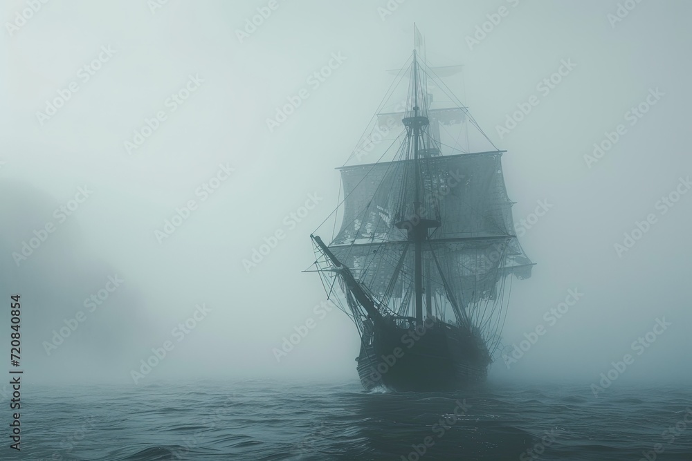 A haunted pirate ship sailing on a mysterious and foggy sea Ghostly ship A haunted pirate ship sailing on a mysterious and foggy sea Ghostly ship