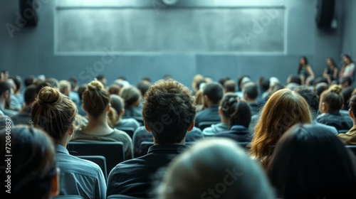 A diverse group of individuals, dressed in various clothing styles, sit in an indoor auditorium as they eagerly listen to a man and woman speak, their faces filled with anticipation and excitement, c © Radomir Jovanovic